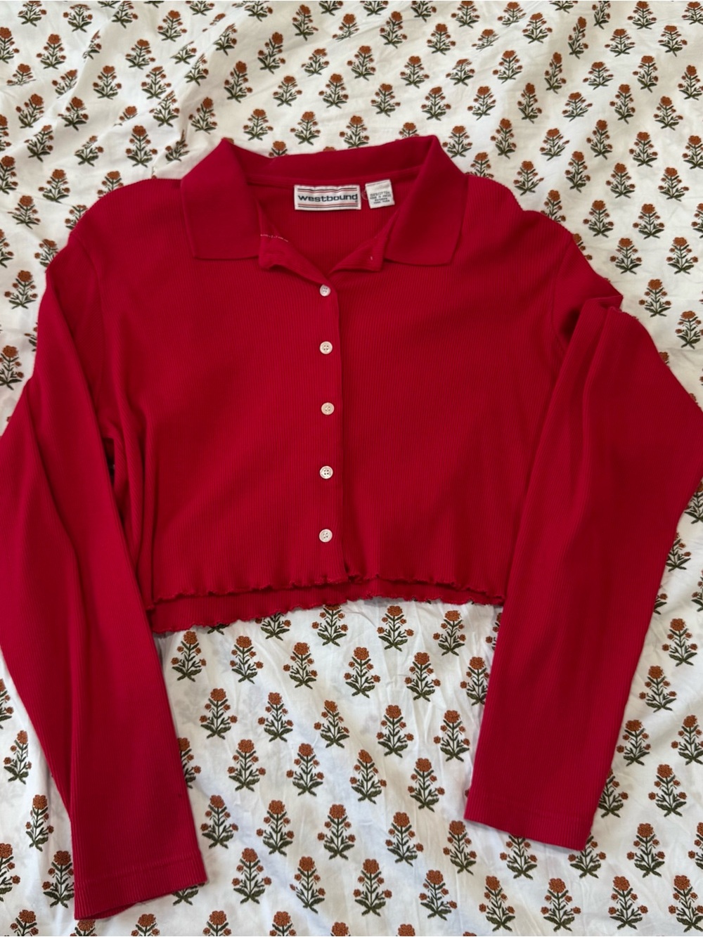 Westbound Vintage Red Cropped Long-Sleeve Button Cardigan